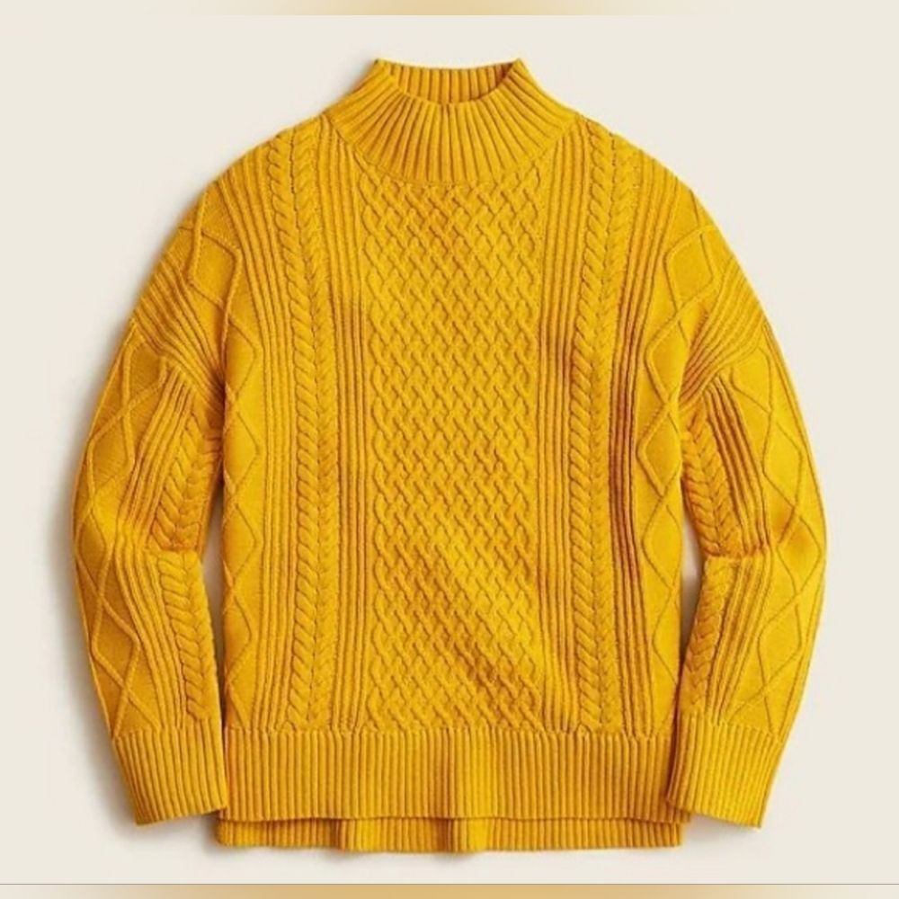 J. Crew Long Cotton Cable-Knit Mockneck Sweater in Mustard BD709 Sz M
